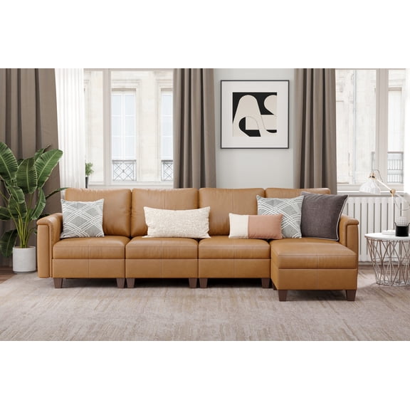 Faux Leather Modular Sectional Couches for Living Room, Modular Convertible L-Shaped 5 Seat Sectional Sofa with Storage & Ottoman, 118 inch Width, Brown