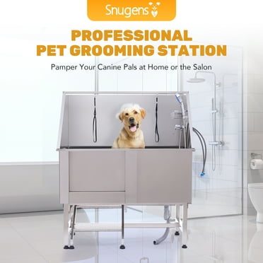 Bestco 50”  Dog Washing Station for Home Pet Store Grooming Salon with Stairs Sliding Door Shower Faucet Accessories Basket Leash More