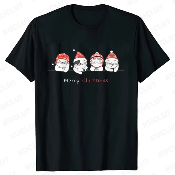 Camiseta Kawaii de gato de Navidad para mujer, camiseta de manga corta Harajuku, Camisetas de moda Y2k, ropa Ulzzang para mujer