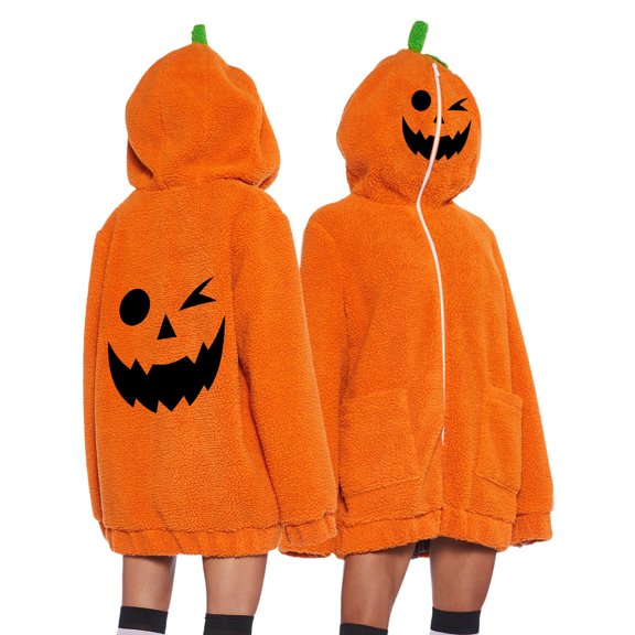 Pumpkin Oversized Hoodie Halloween Fleece Jacket Full Zip Sweatshirt Jack O Lantern Coat, Fuzzy Warm Sherpa Outerwear with Pockets Festive Cosplay Loungewear Tops for Theme Party Costume