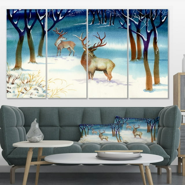 Amazing Winter Forest with Deer - Landscape Canvas Art Print