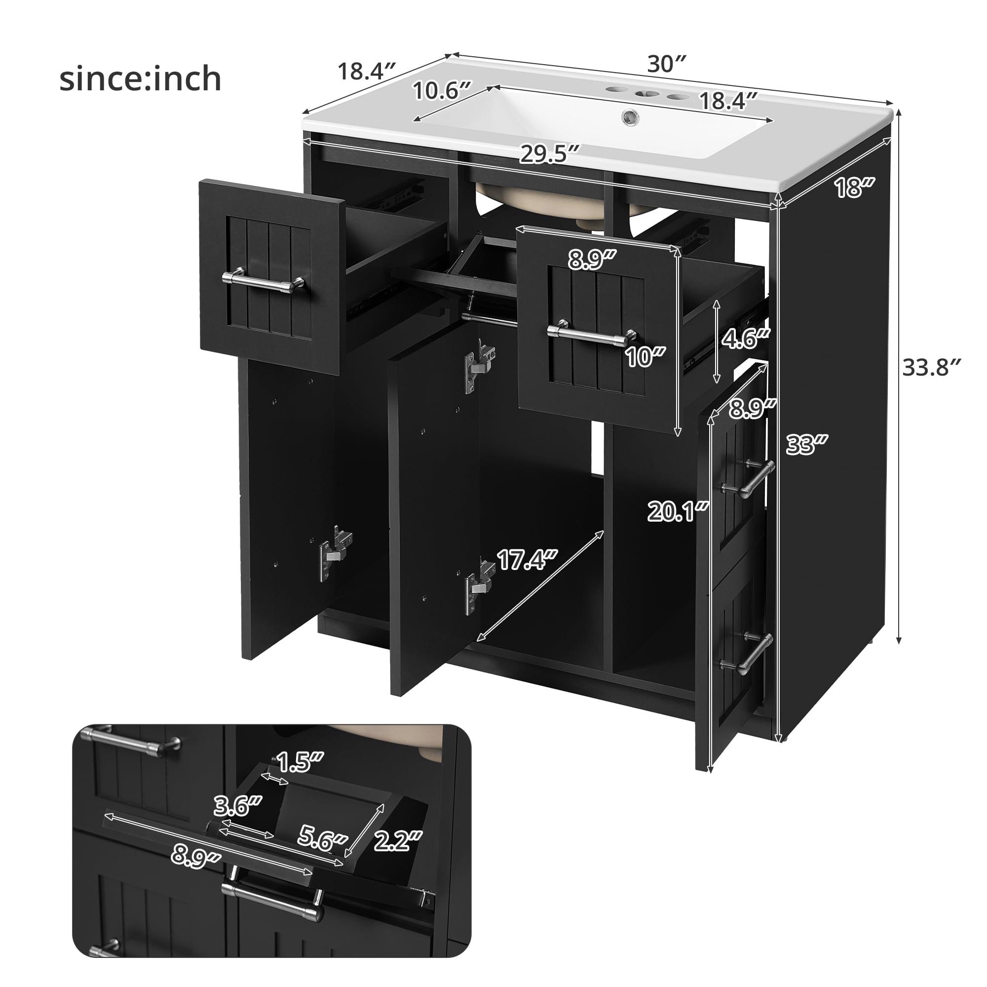 Euroco 30inch Bathroom Vanity with Undermount Sink and Drawers, Painted Surface, Soft-Close Doors, Bathroom Cabinet with Tip-Out Drawer