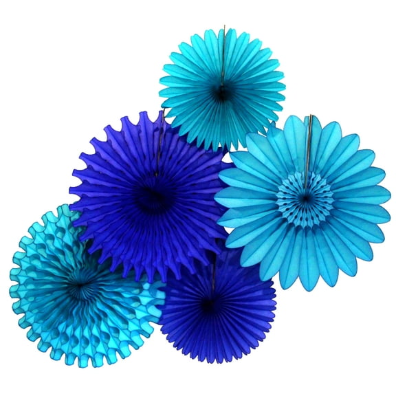 Devar Party Dark Blue and Turquoise Large Tissue Paper Fan Decorations, 13 and 18 Inches (5 Piece)