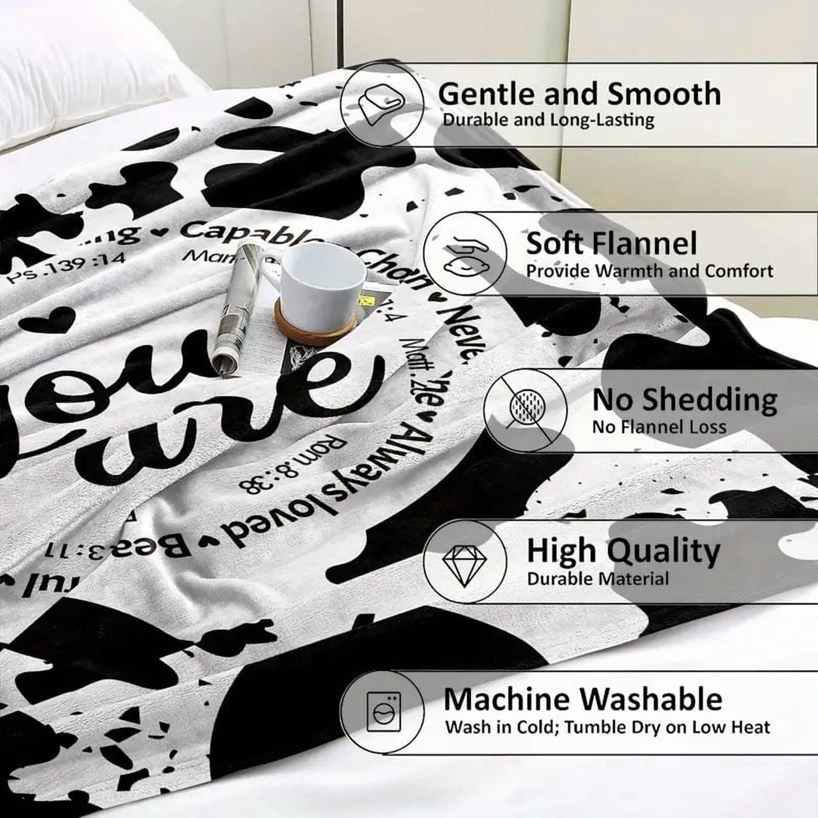 NICKSUN Bible Verse and Cow Print Blanket, Cow Gifts for Women, Inspirational Christian Gifts for Women Girls, Mothers Day Birthday Wedding Christmas Gifts, Soft Flannel Blanket 50'' x 60''
