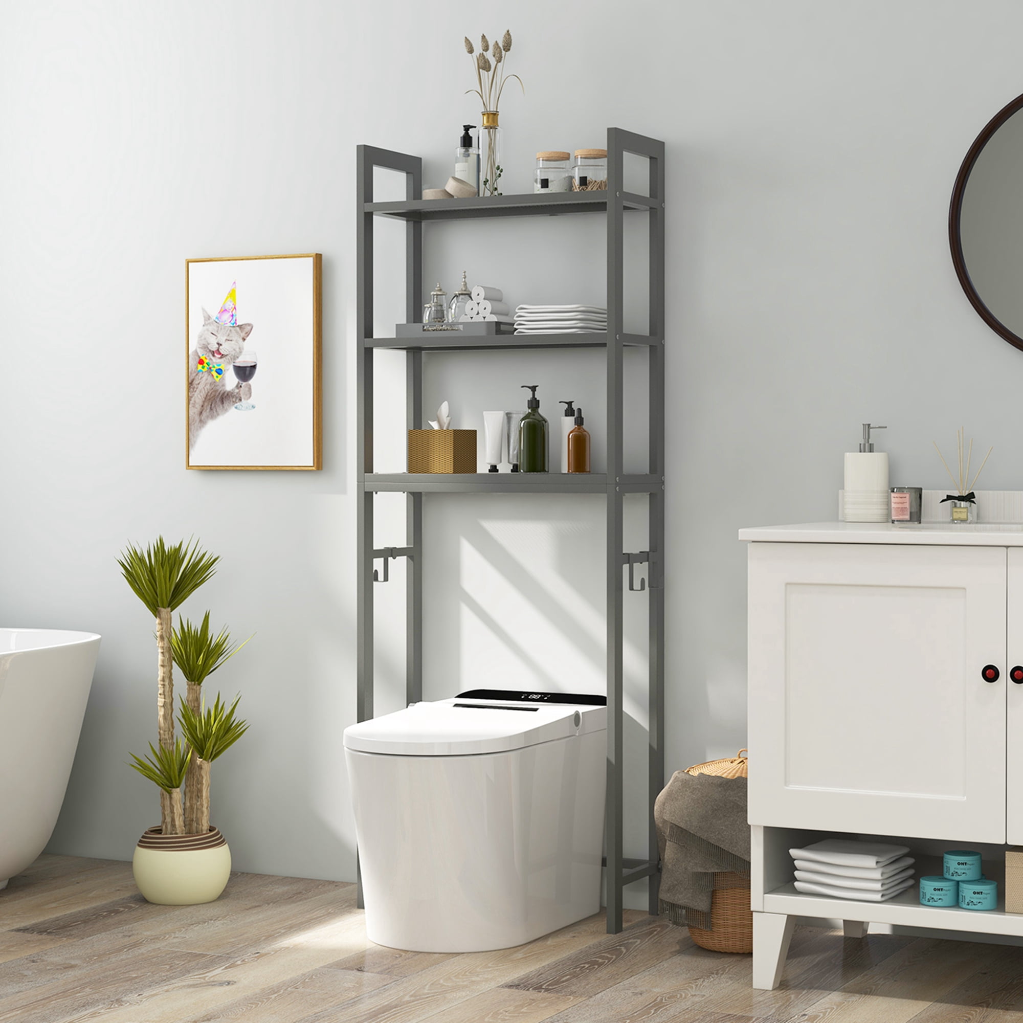 Costway Over-The-Toilet Storage Shelf Space Saving Metal Bathroom Organizer Hooks Grey