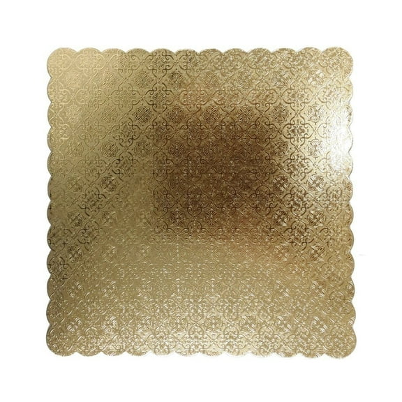 Cake Board - Thick Strong Compact Heavyweight Non-Corrugated Cardboard - Scalloped Square with White Bottom and Embossed Gold-Foil Top Pack of 5, 9-7/8" x 9-7/8"