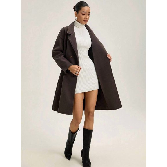 Womens Coffee Brown Minimalist Lapel Mid-Length Wool Blend Overcoat