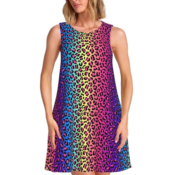 Balery Leopard Neon Rainbow Gradient Vestidos de verano para mujer con estampado: vestido holgado sin mangas, vestido playero informal y cómodo para días calurosos.