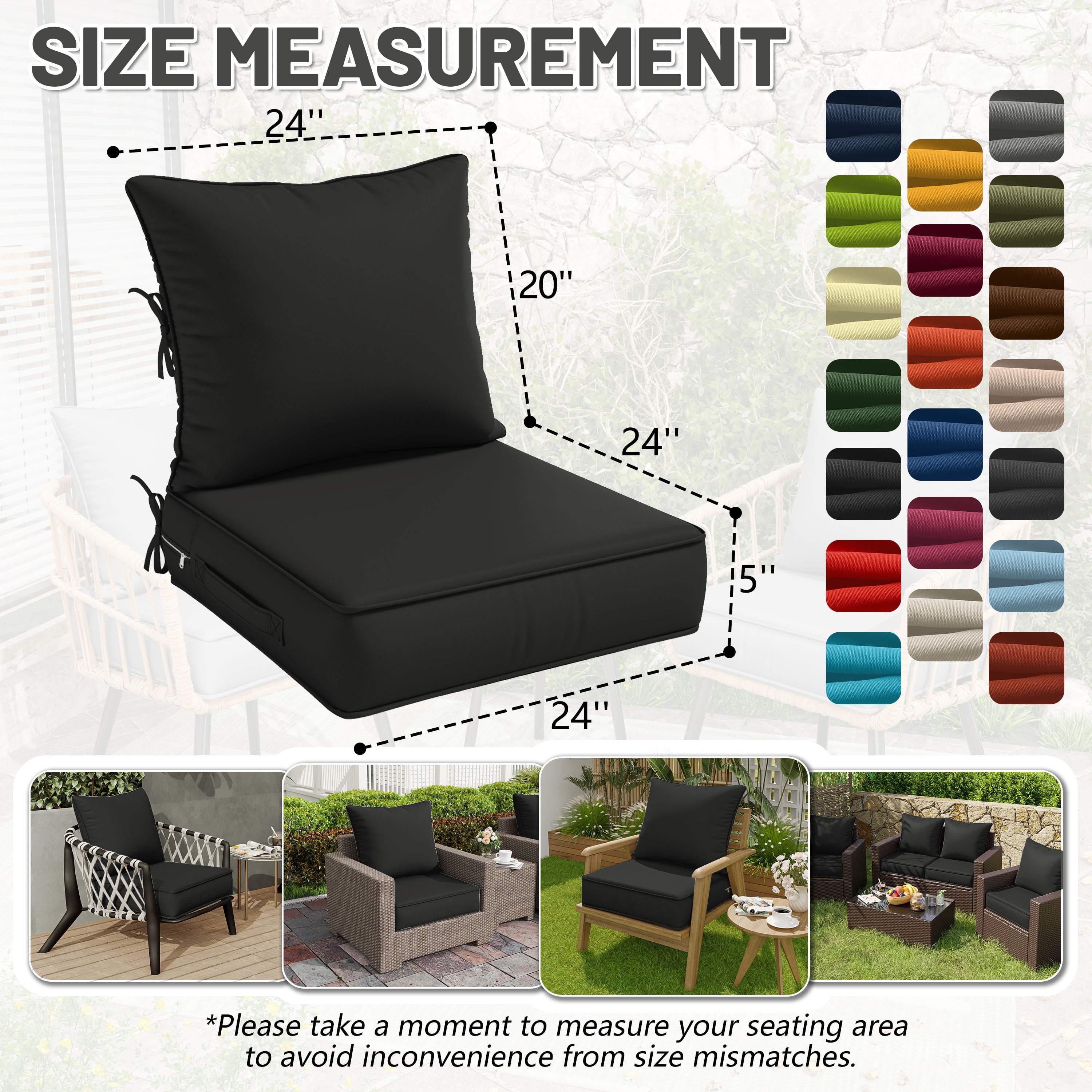Pakunoda Patio Cushions for Outdoor Furniture 24” X 24” X 5”, Water Resistant Outdoor Deep Seat Cushions, Fade Resistant Replacement Cushions for Outdoor Furniture, Black