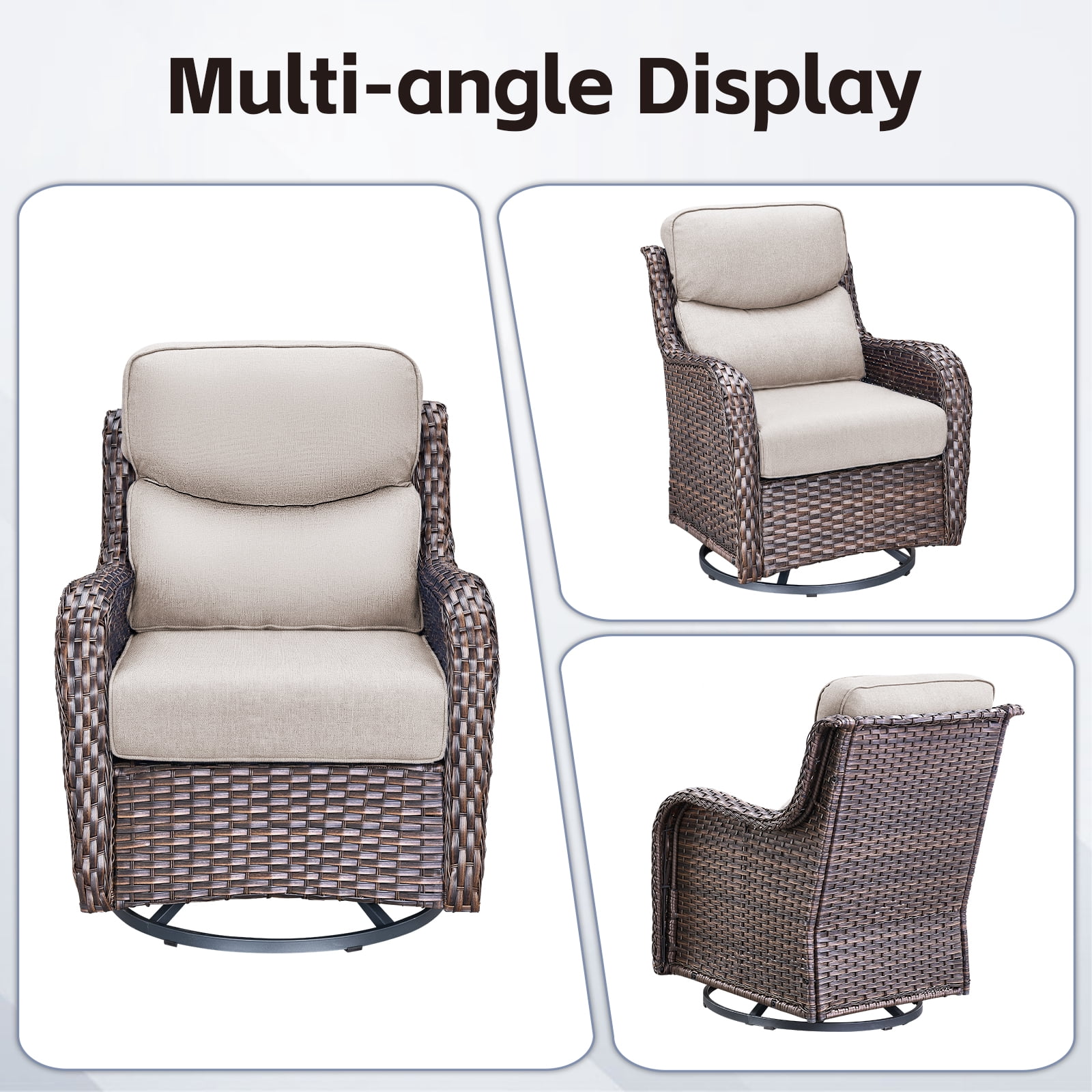POCASSY 4-Piece Outdoor Patio Furniture Set with Swivel Chairs, Luxury High Back Rattan Wicker Outdoor Conversation Set with 5-inch Thick Seat Cushion Sofa and Swivel Glider Patio Chair for Porch