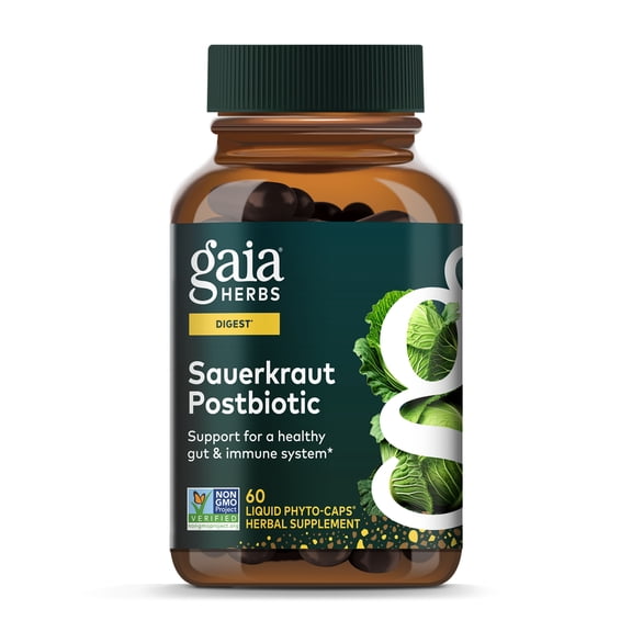 Gaia Herbs Sauerkraut Postbiotic - Gut Health & Immune Support Supplement* - Made with Fermented Sauerkraut - Free from Dairy, Soy & Gluten - 60 Vegan Liquid Phyto-Caps (30 Servings)