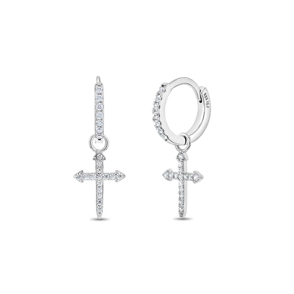925 Sterling Silver Shiny Clear CZ Cross Hoop Dangle Earrings for Teens