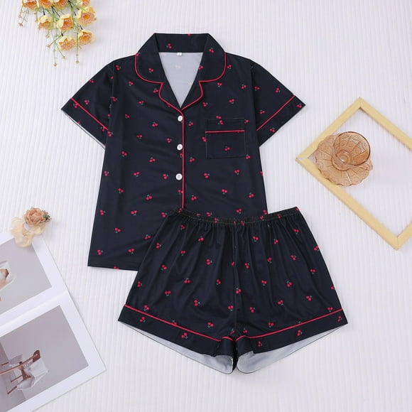 TINZ Women’s Cherry Print Pajama Set – Short Sleeve Notched Collar Shirt & Shorts Loungewear plus Size Pajama Set for Women Teen Pajamas for Girls Pajama for Tall Women Shorts Pajamas for Women