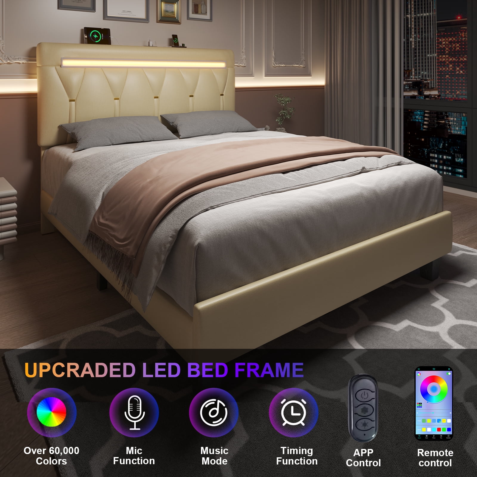Holiway Queen Size Bed Frame with LED Lights and Adjustable Headboard, Upholstered Platform Bed with Charging, No Box Spring Needed, Beige
