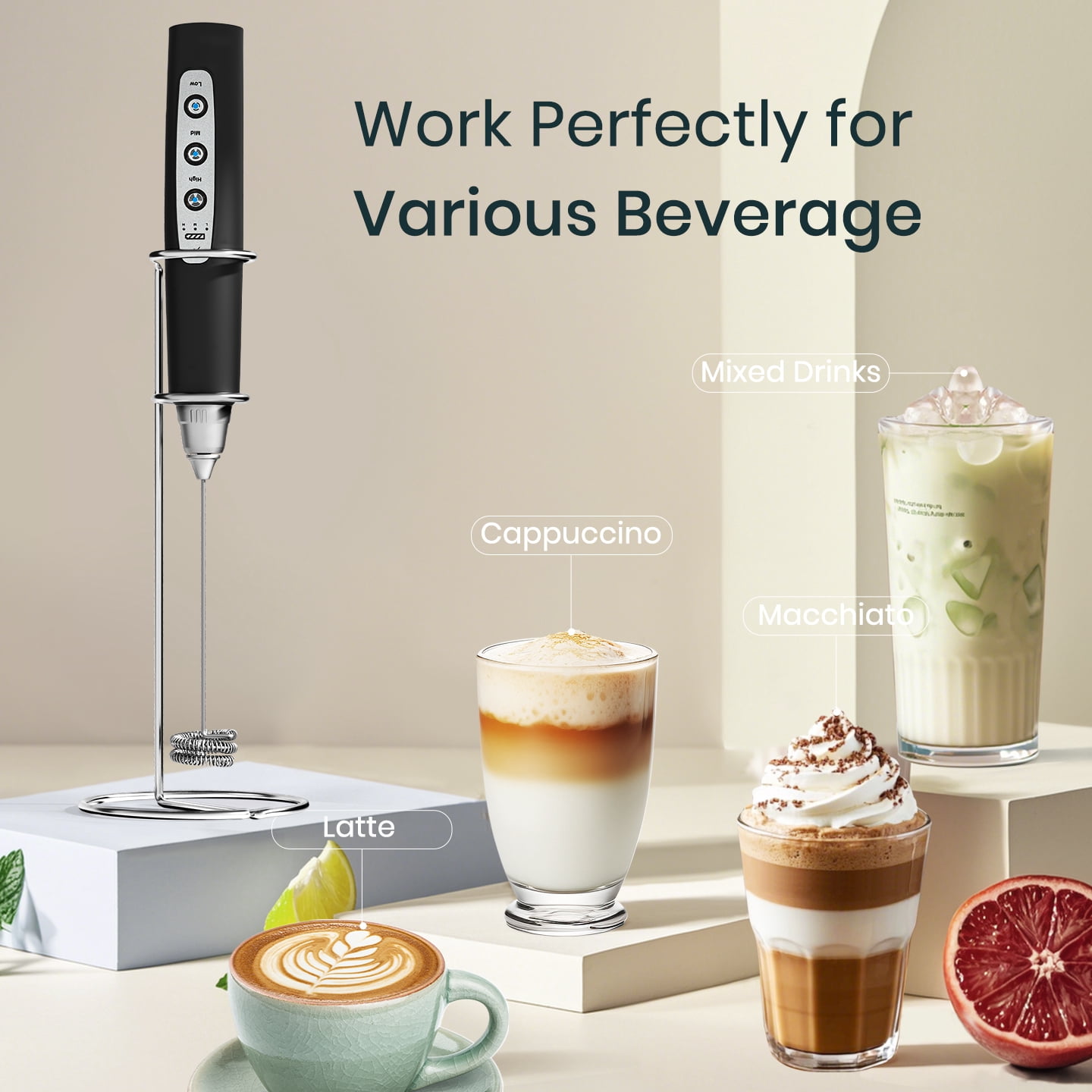 Black Handheld Milk Frother Wand with Stand for Coffee, Rechargeable Electric Whisk with 3 Heads 3 Speeds Drink Mixer Coffee Frother For Latte, Cappuccino, Hot Chocolate, Egg