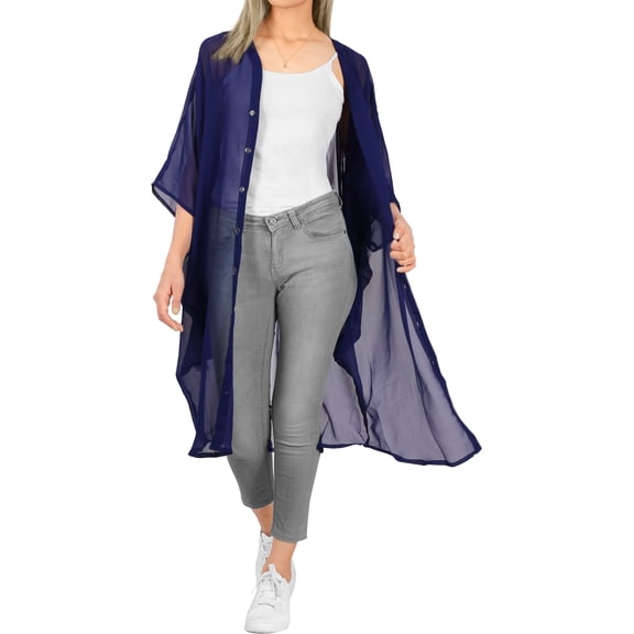 HAPPY BAY Women's Chiffon Solid Sheer Beach Button Down Kimonos Swimsuit Cover up Casual Summer Kimono Beachwear Duster Cardigans for Women 2X-3X Navy, Plain