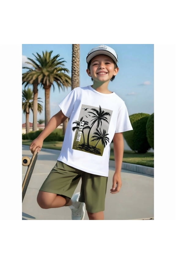 Big Boys 2-Pieces Summer Clothes Hawaii Style Coconut Tree Graphics Knit Short Sleeve Casual Tee Elastic Shorts Set 11-12 Years White