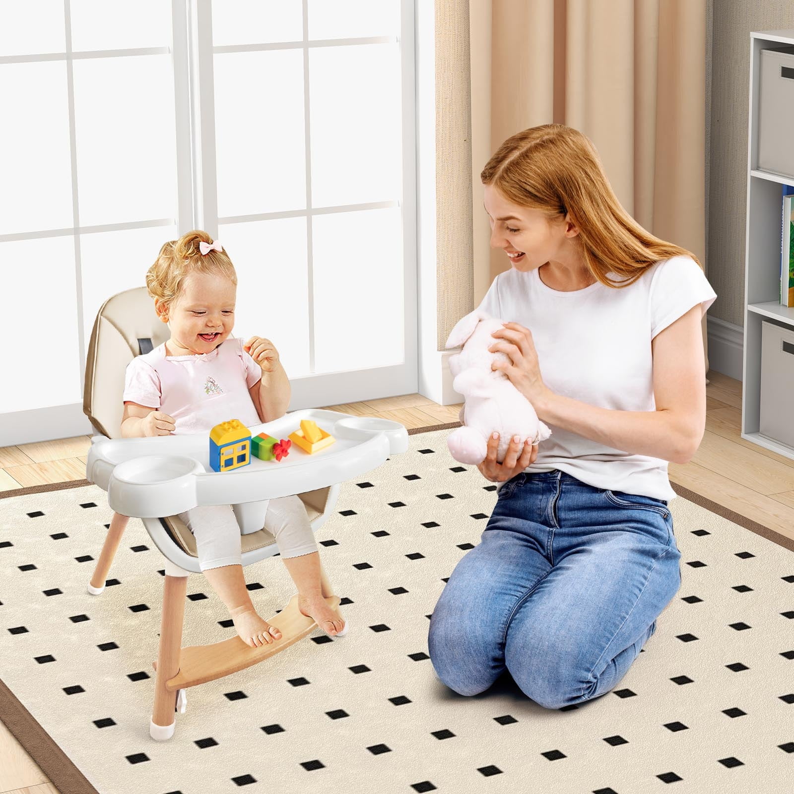 Infans Baby High Chair Wooden Feeding Chair w/ 4-Gear Tray & Removable Cushion Beige