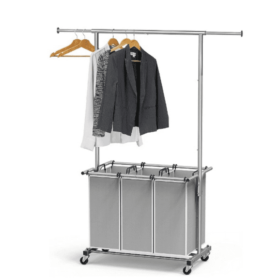 3 Bags Laundry Sorter with Extensible Clothes Hanging Rod