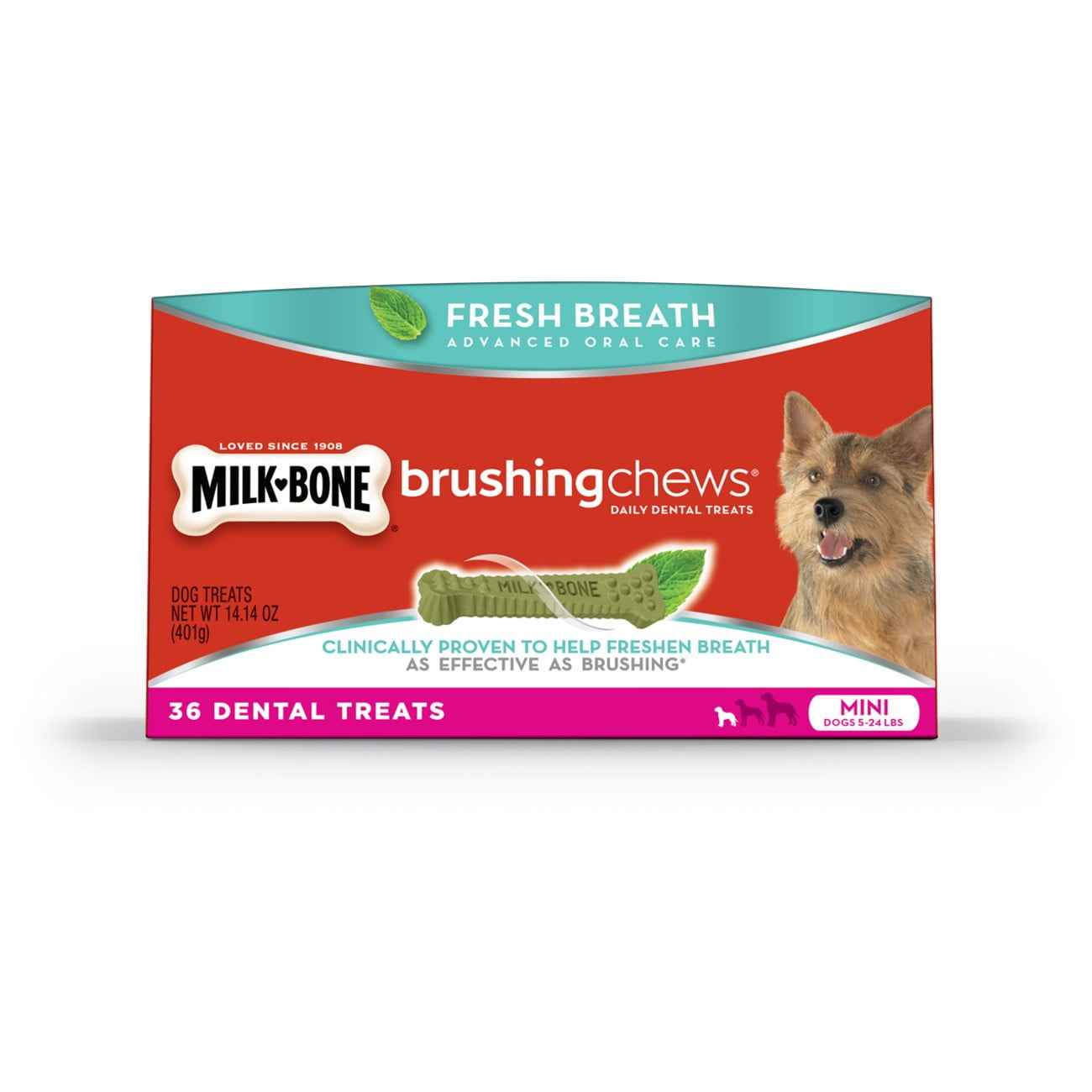 MilkBone Brushing Chews Daily Dental Dog Treats, Mini, Fresh Breath