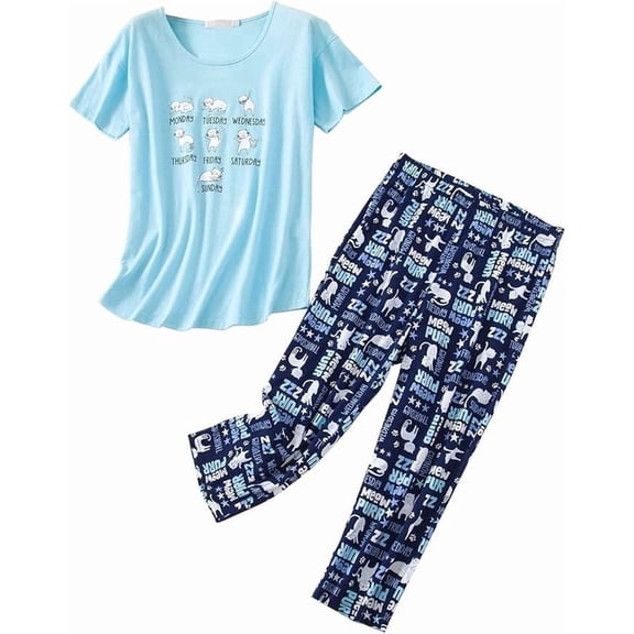 Women's Capri Pajama Set Short Sleeve Top Capri Pants Sleepwear Animal Printed