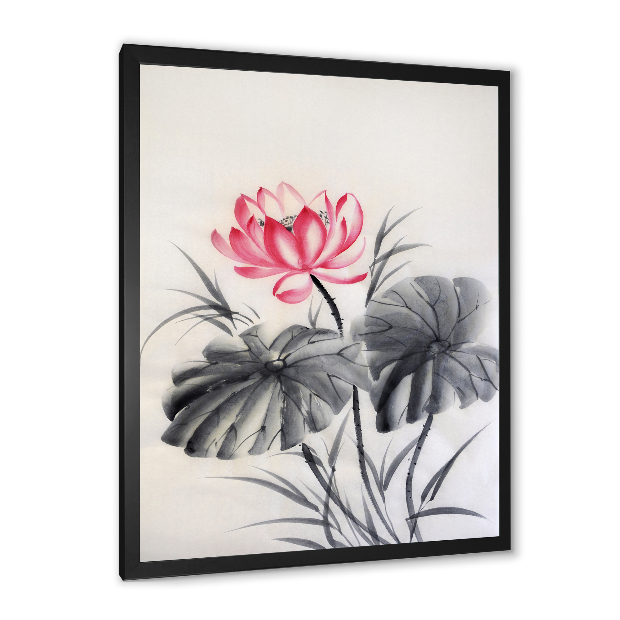 Designart 'Two Monochrome Leaves With Lotus Flower' Traditional Framed Art Print