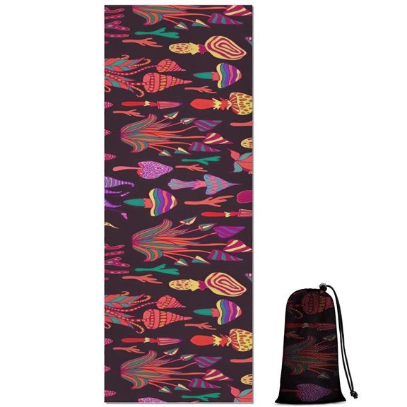 Colorful Mushroom Fantasy Black Pattern Hot Yoga Mat Towel Non Slip for Hot Yoga - Quick-Drying Yoga Mat Cover with 4 Corner Pockets with Travel Bag - Hot Yoga Towel Non Slip 70"x26"