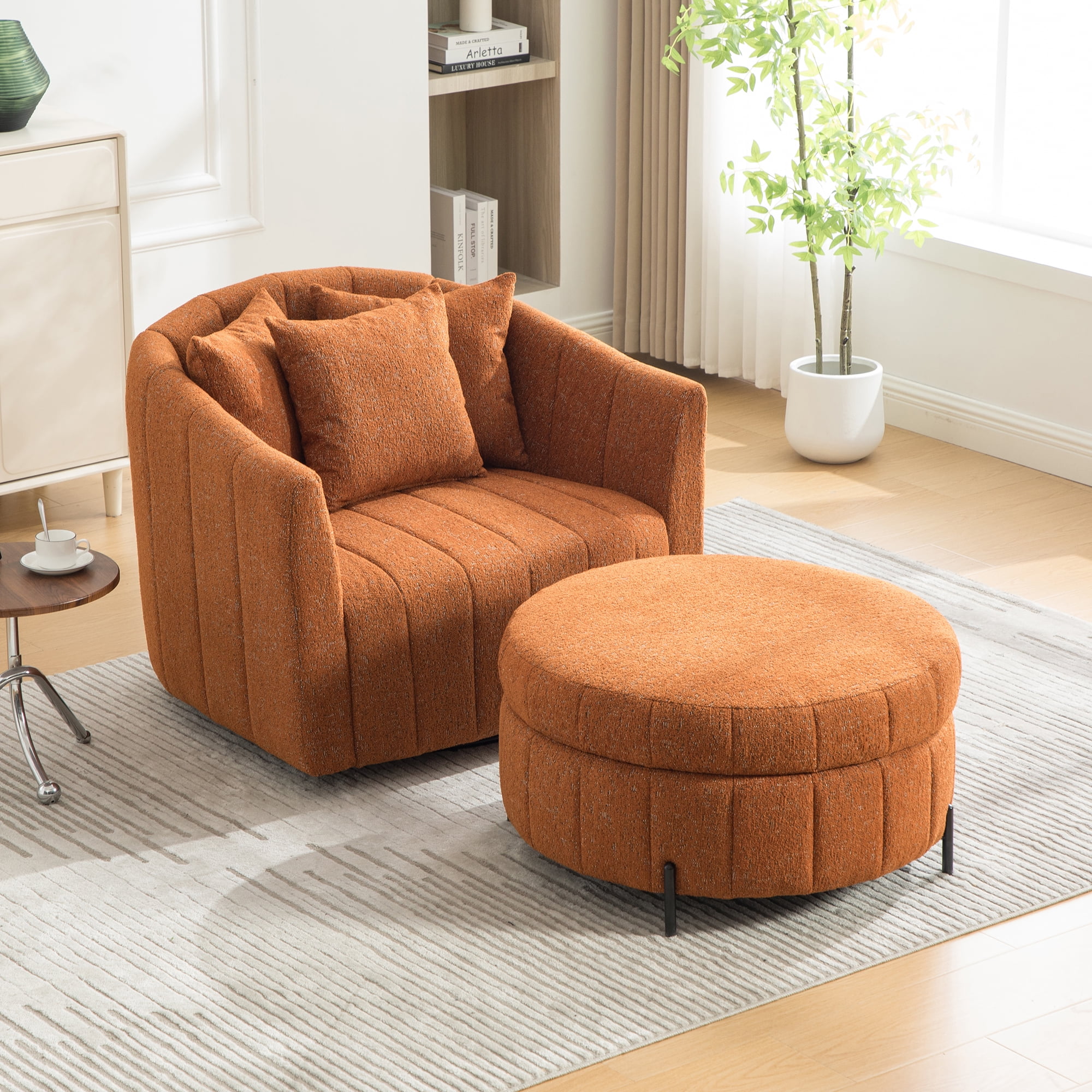 39"W Oversized 360° Swivel Accent Chair Set with Storage Ottoman and Pillow