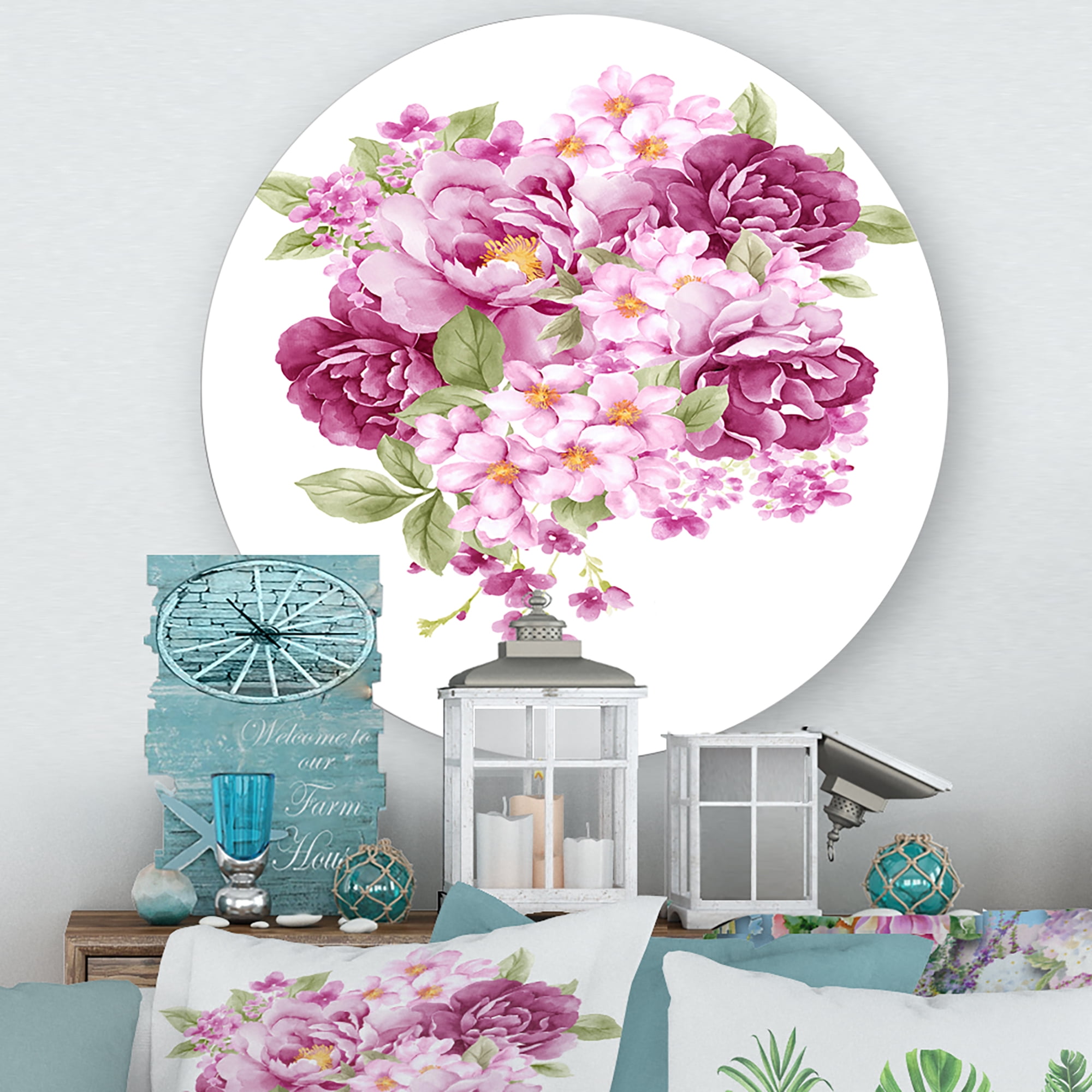 Designart 'Bouquet Of Pink Retro Flowers' Traditional Circle Metal Wall Art 11x11 - Disc of 11