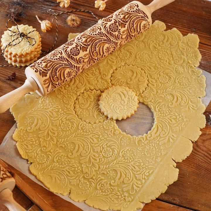 Flower Wooden Rolling Pin Embossing Baking Cookies Biscuit Fondant Christmas 