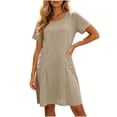 thumbnail image 5 of Summer Casual A-Line Flowy Midi Dresses Women's Fashion Solid Color Loose Round Neck With Pockets Short Sleeve Dress Khaki M, 5 of 9