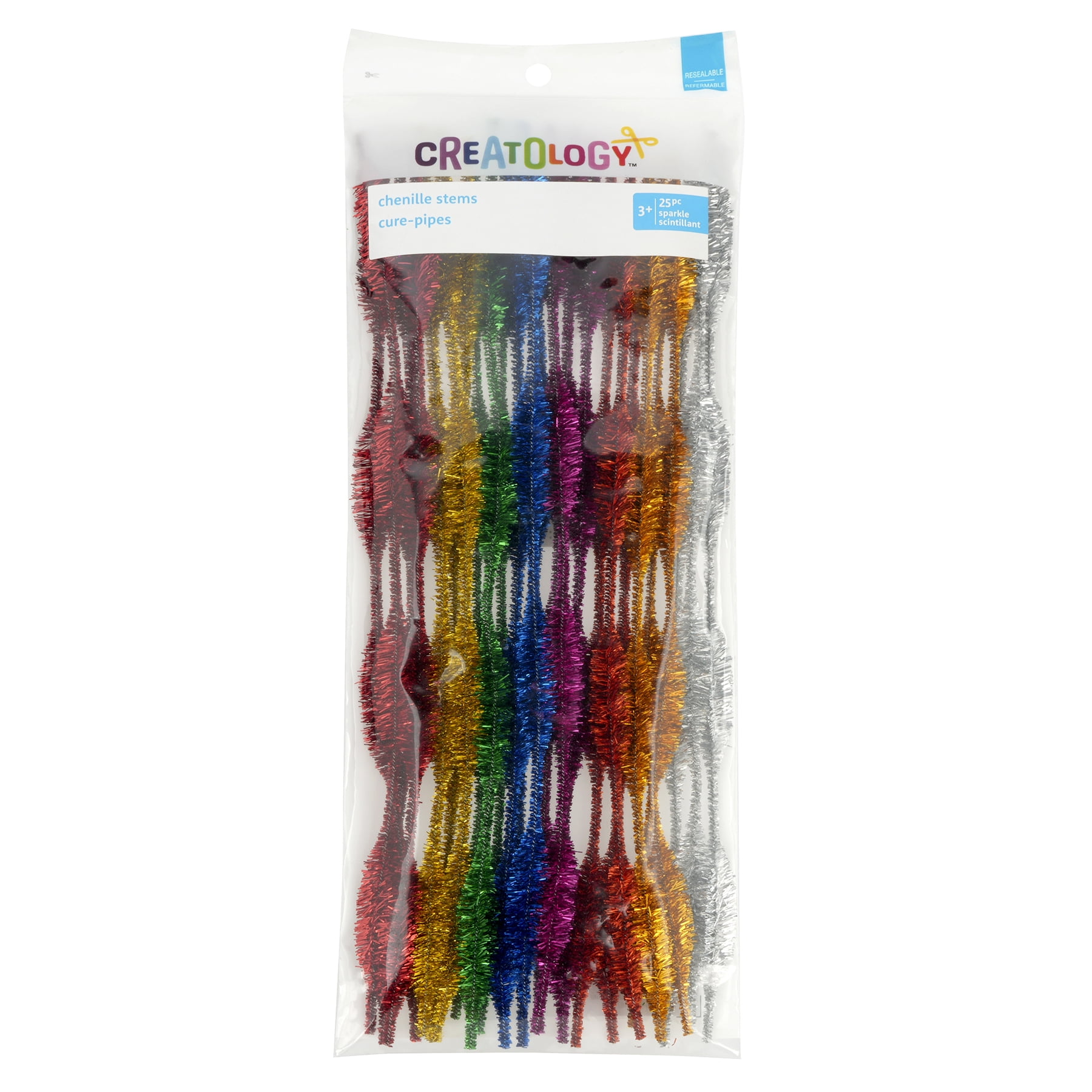 Sparkle Primary Mix Wave Chenille Pipe Cleaners by Creatology – 13mm x 12" Wavy Craft Stems in Assorted Metallic Colors for DIY Projects & Decorations - 24 Pack