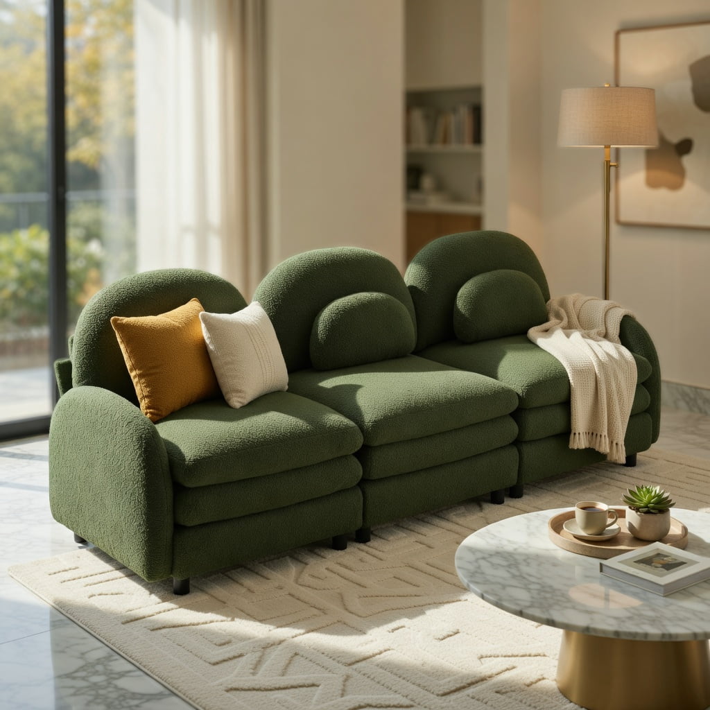 Hommoo Teddy Fleece Modular 3-Seat Sofa, Cloud-Like Comfort, Curved Backrest & Armrest, Double-Layer Cushioning, Lumbar Support Pillows, Green