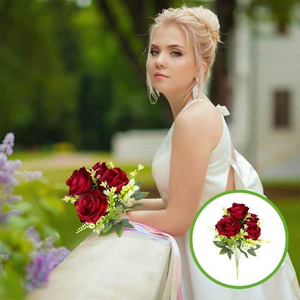Ramo de 7 rosas búlgaras artificiales para proyectos de hogar, jardín, flores falsas, adornos decorativos