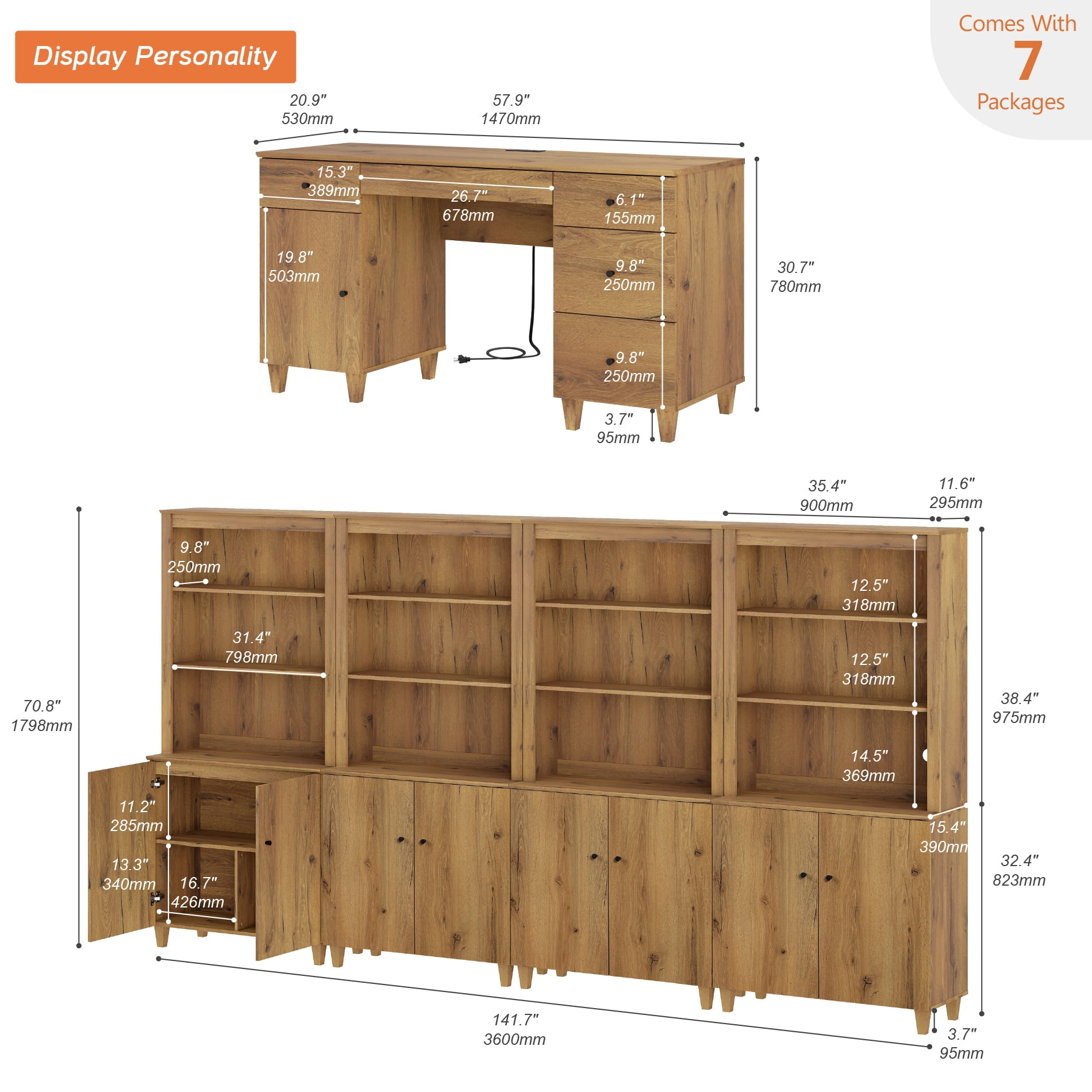 WAMPAT Home Office Furniture Set, 58" Executive Desk with Charging Station and Cabinet, 4-Column 71" Tall Bookcase with Doors and Adjustable Shelves for Living Room,Dark Brown Wood