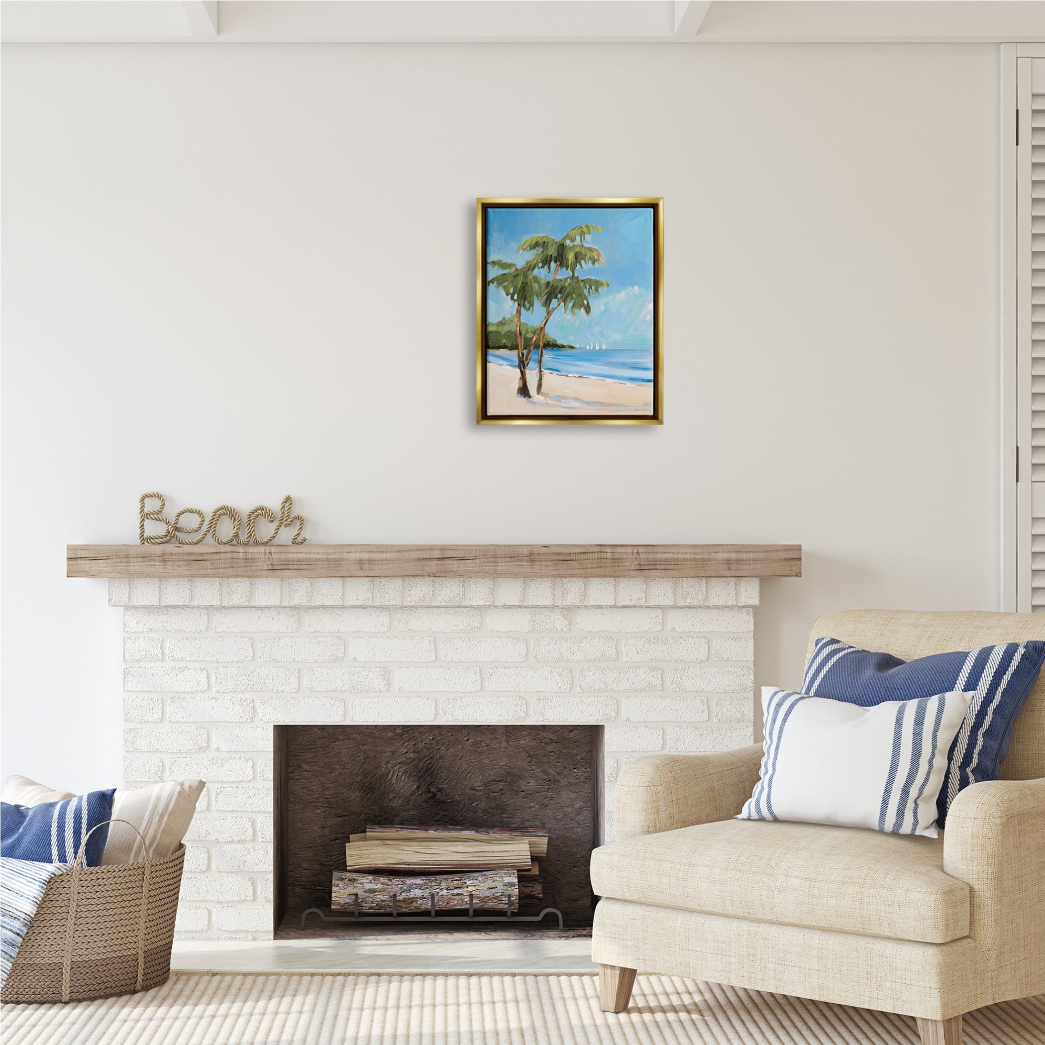 Stupell Industries Palm Trees Beach Landscape Nature Painting Gold Floater Framed Art Print Wall Art, 17 x 21