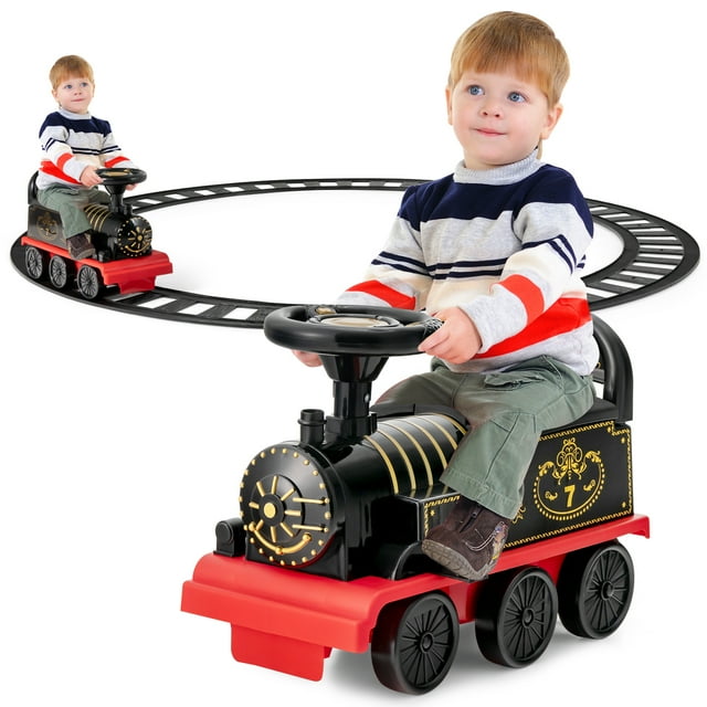Gymax Train Électrique 6 V pour Enfants, Jouet de Train Motorisé avec Piste et 6 Roues, Noir