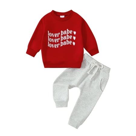 

Kid Toddler Girl Outfits Cute Baby Clothing Sets Boys Long Sleeve Letter Prints Pullover Tops Long Pants Soft Lovely Playwear Suits Red 12-18 Months