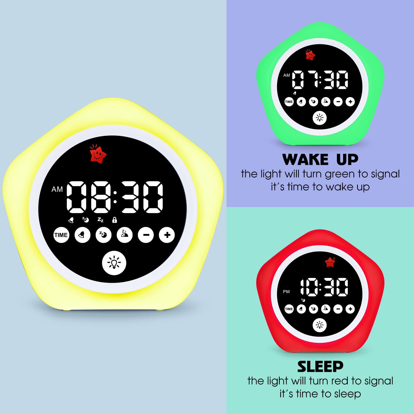 Toddler Alarm Clock for Sleep Training, Kids OK to Wake Clock with Green Red Light, Children's Night Light with 10 Colors, Adjustable Brightness, Pink