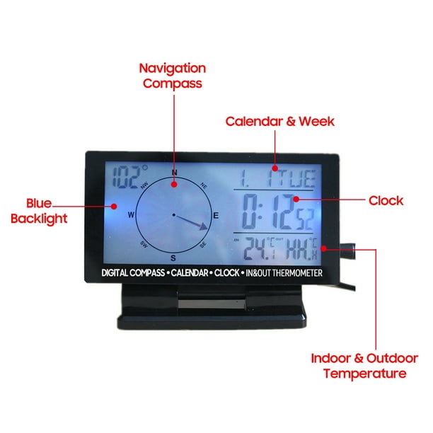Homgeek LCD Numérique Thermomètre De Voiture Multifonction Automobile  Boussole Jauge Véhicule Horloge Calendrier Semaine Température Intérieure  Et Extérieure Compteur avec Rétroéclairage 