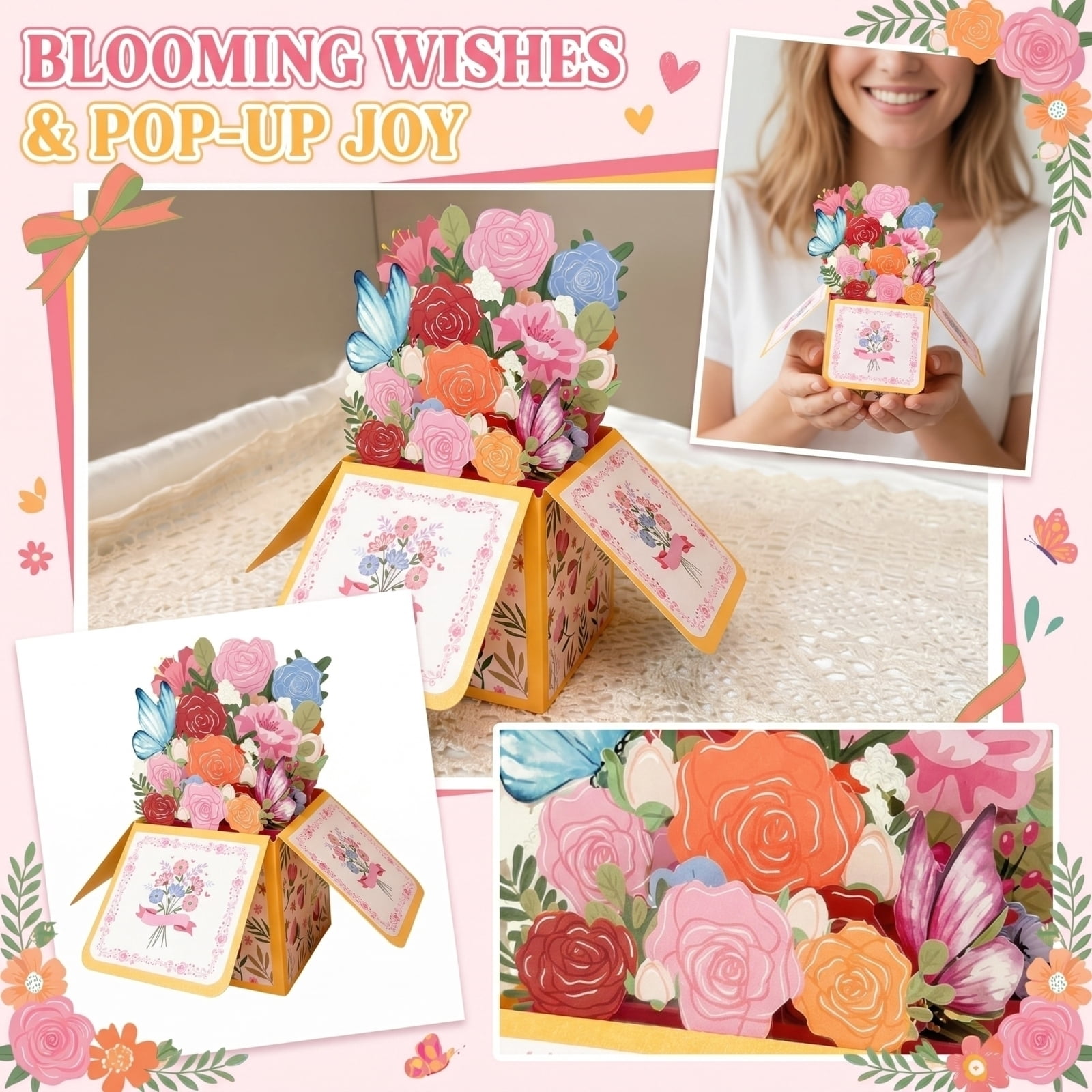 PTSPLLMY 3D Pop Up Mother's Day Card Pink Flower Bouquet Design Birthday Thank You Greeting Card for Mom Grandma Wife Gift