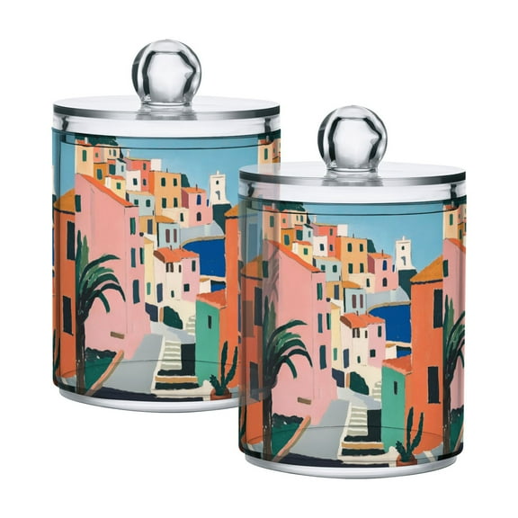 Yayeee 2 Pack Qtip Holder Bathroom Cotton Swab Canister with Lid Clear Dispenser Set, Art City
