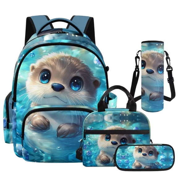 Yuyamidu Otter Backpack for School Girls Boys 6-8 Lightweight Backpack with Lunch Box Pencil Case Water Bottle Sleeve 4 Pcs for Elementary Kindergarten Kids School Bookbag