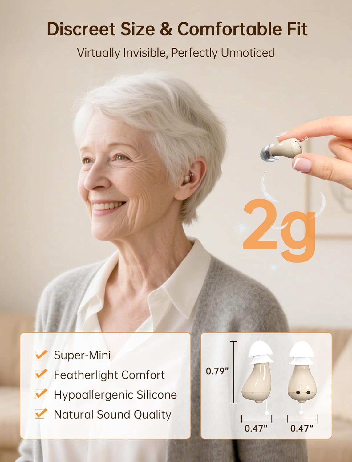 OTC Hearing Aids for Seniors, Nearly Invisible Rechargeable Hearing Aids, 100+ Hours of Charging Case Usage, Super-Mini Invisible Design, Comfort Fit in Ear Canal