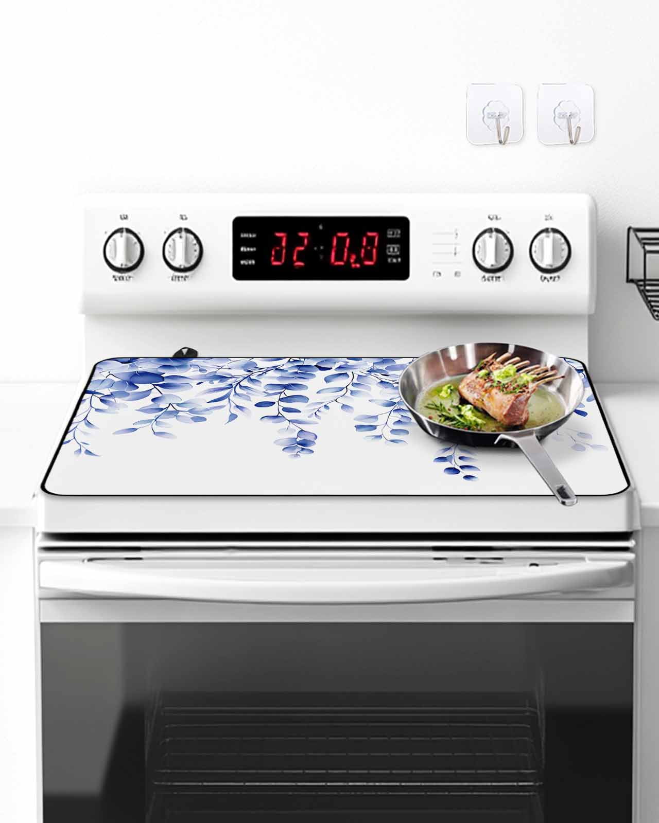 Stove Top Covers for Electric Stove, Blue Eucalyptus Glass Stovetop Cover Protector, Botanical Plant Rustic Succulent Branch Induction Cooktop Protector Oven Mat for Kitchen Countertop 24"x21"