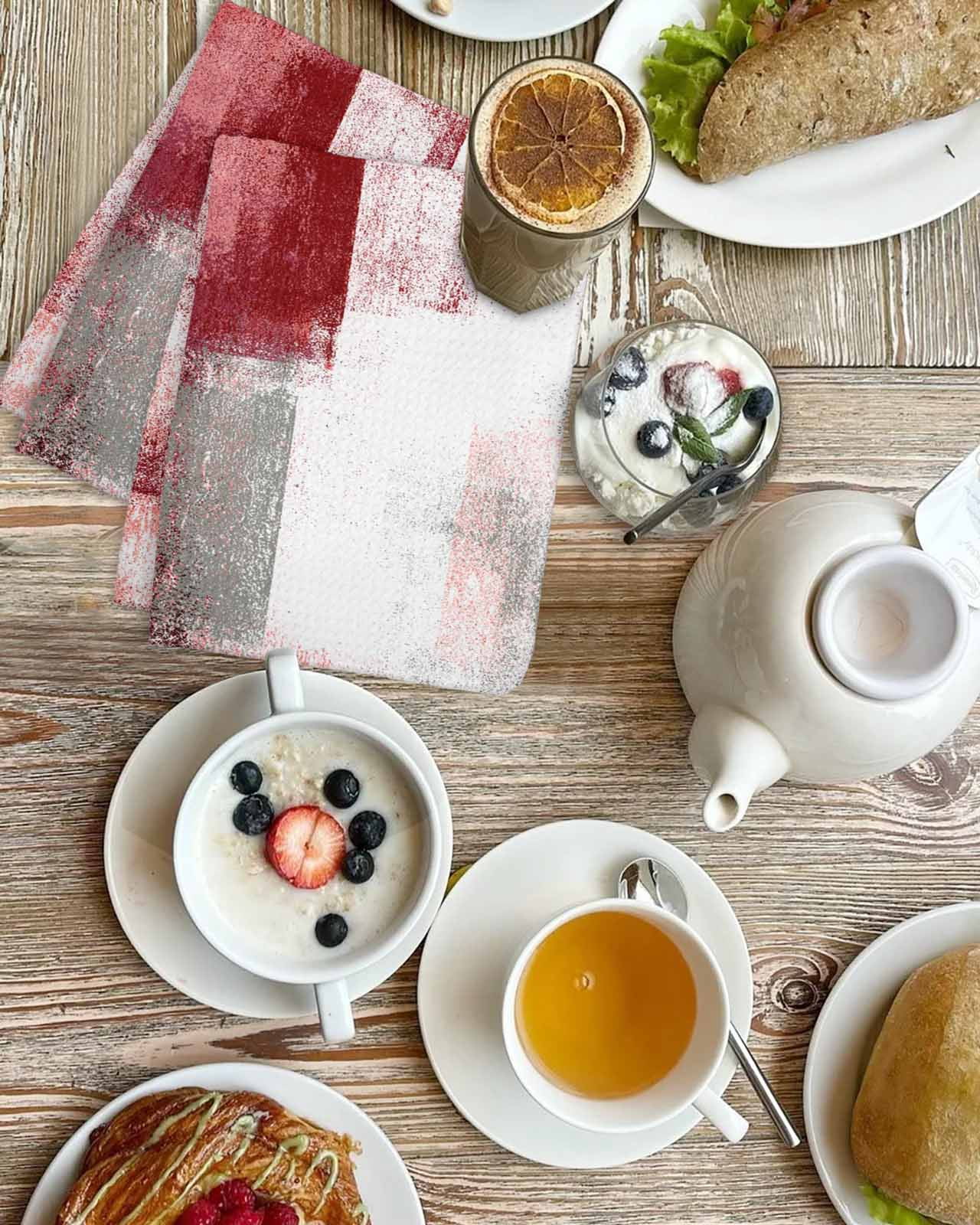 Red Ombre Kitchen Dish Towels for Drying Dishes Set of 2, Retro Farmhouse Abstract Mottled Texture Art Waffle Weave Microfiber Terry Hand Tea Bathroom Towels Quick Dry & Absorbent Towel 15.7x23.6