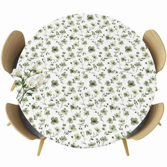 Sage Green Spring Floral Table Cloth, Round Fitted Tablecloths with Elastic Edge, Summer Botanical Elegant Wipeable Waterproof Table Cover for Kitchen Wedding 36-44 Inches