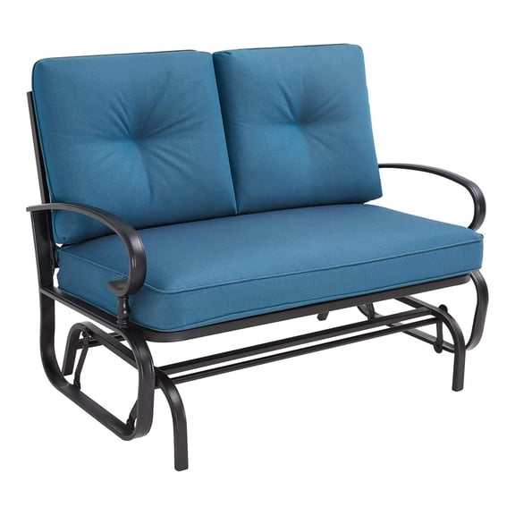 Patio Glider Rocking Bench for 2, Outdoor Steel Frame Loveseat with Resistant Cushions, Peacock Blue, Garden Yard Porch Furniture