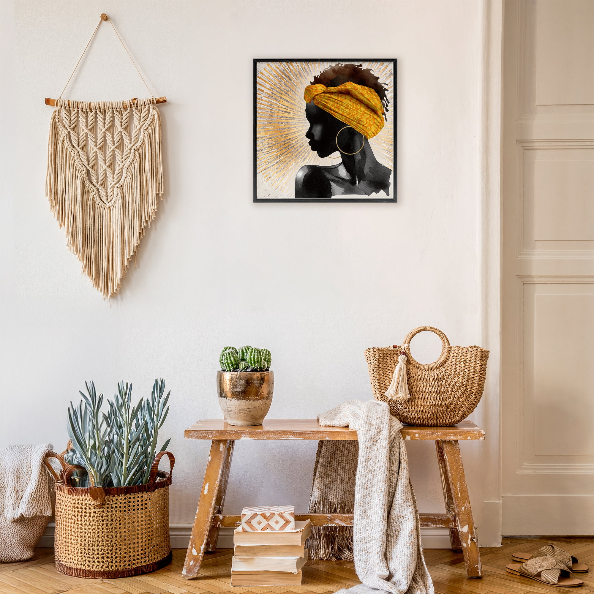 Stupell Industries Golden Sunburst Profile with Headwrap Black Framed Giclee Art, design by CAD Designs