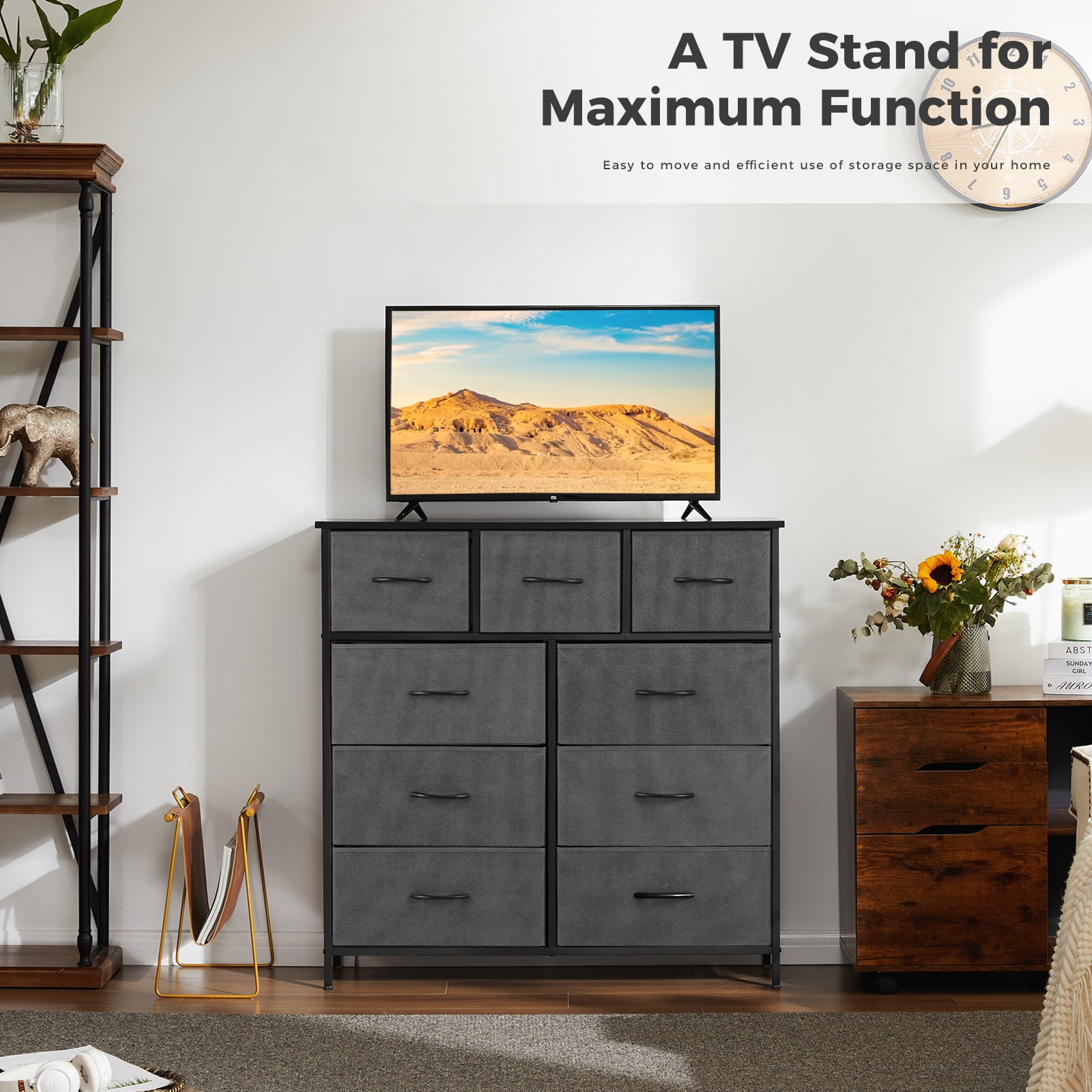 Aidoly 9-Drawer Dresser with Wooden Top, Adjustable Feet, Sturdy Metal Frame Dressers for Bedroom, Living Room, Grey